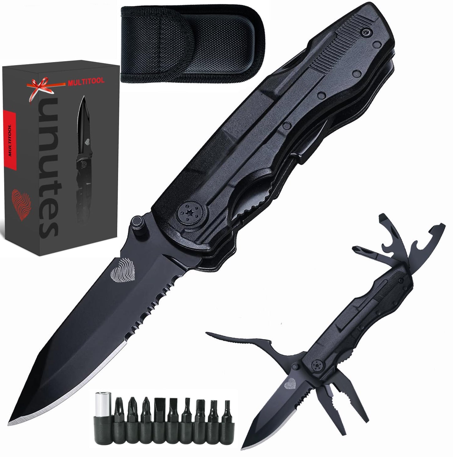 Unutes 14 in 1 Multitool Pocket Knife for Men, Tactical Multi-Tool Plier 9-in-1 screwdriver set with Nylon Sheath for Survival, Camping, Gifts Ideas for Dad, Husband