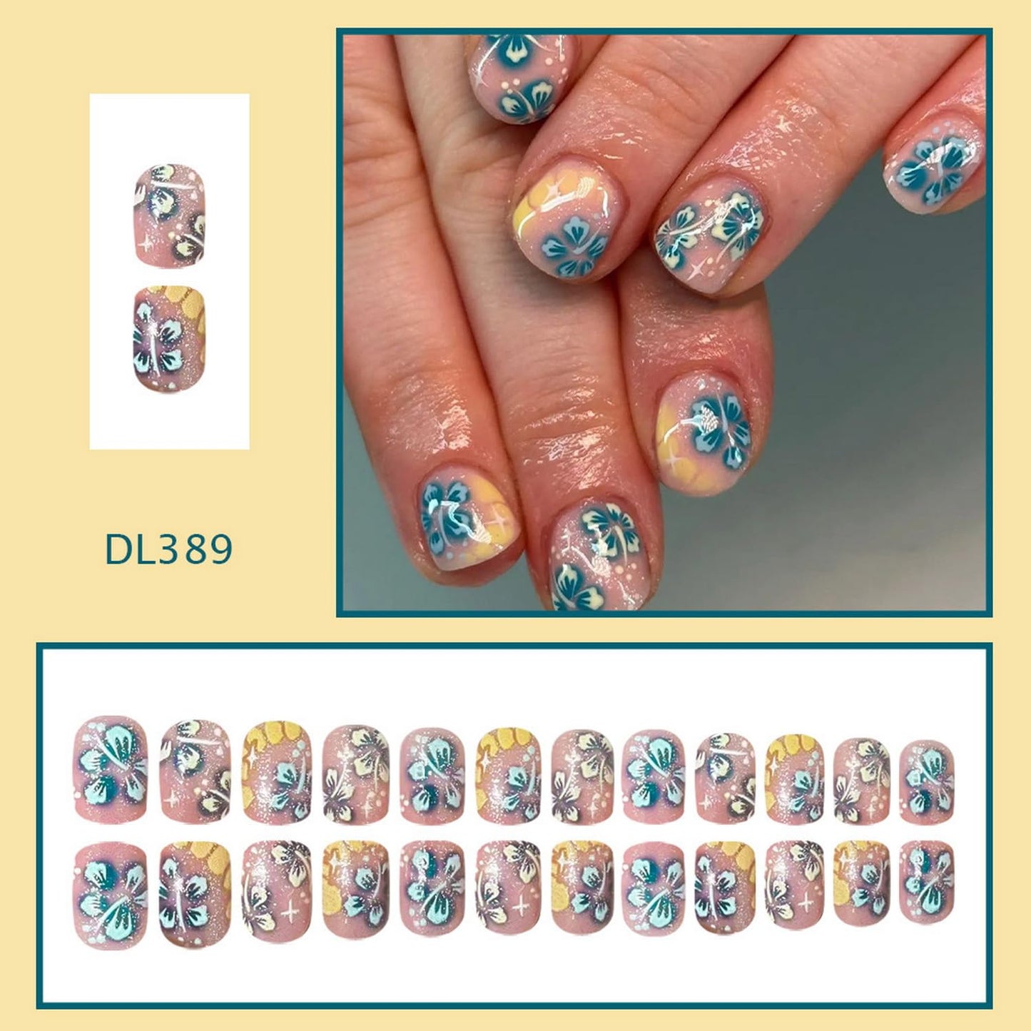 Extra Short Press on Nail Flower Fake Nail with Blue Floral designs Full Cover Glitter Press ones Cute Glue on Nails ReusableSummer False Nails for Women Beach Manicure24pcs
