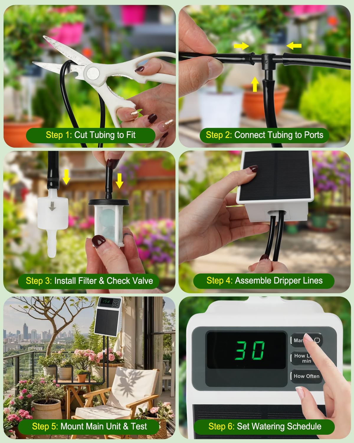 Solar Automatic Drip Irrigation System, 15 Pot Self Watering System with 2200mAh, IPX5 Waterproof, USB-C & Solar Charging, Timer Modes for Indoor/Outdoor Garden, Balcony & Patio