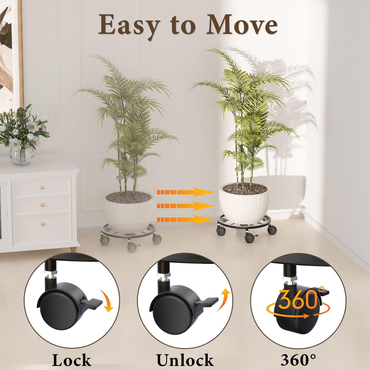 Chinpakden Plant Caddy with Wheels - 10.24" Plant Stand with Wheels, 360° Lockable Plant Rollers Plant Dolly, Plant Tray with Casters for Indoor and Outdoor.