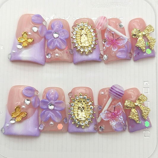 Handmade French Tip Press on Nails Short Duck Fake Nails with 3D Flower Butterfly Rhinestones Candy Bow Designs Duck Nails Press on Purple Gold Nude False Nails Glossy Acrylic Nails for Women 10Pcs(M)