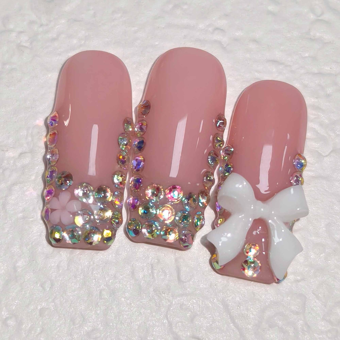TENPAL Handmade French Tip Press on Nails Medium Coffin 3D Bow Rhinestone Glitter Pink Cute Sweet Girly Reusable Daily Wear Salon Acrylic False Nails 10PCS(L)