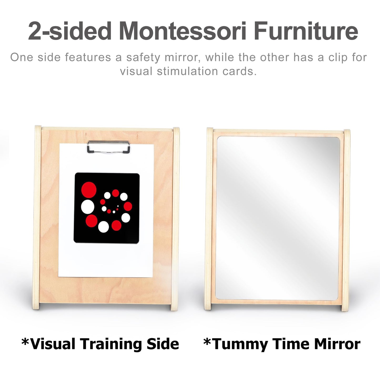 KRAND Baby Double-Sided Tummy Time Mirror w/ 2 Package High Contrast Visual Stimulation Cards, Sensory Activity Montessori Toys for 6 Months+ Boys Girls