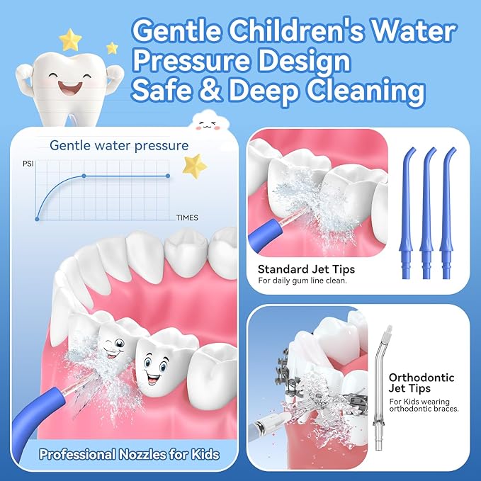 JTF Kids Water Dental Flosser: Rechargeable Portable Oral Irrigator with 4 Flossing Modes 230ml Tank 4 Tips Travel Bag Waterproof Stickers, Cordless Electric Flossers for Teeth Gum Braces Care, Age 6+