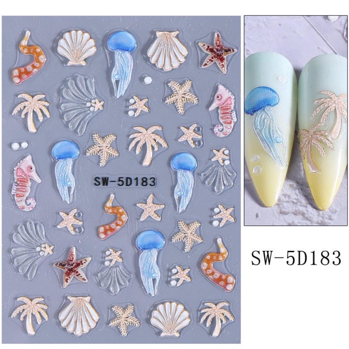 Ocean Nail Stickers 5D Embossed Seashell Nail Stickers 3D Self-Adhesive Blue Starfish Summer Nail Decals with Designs Purple Jellyfish Coral Nails Manicure Accessories for Women 5 Sheets