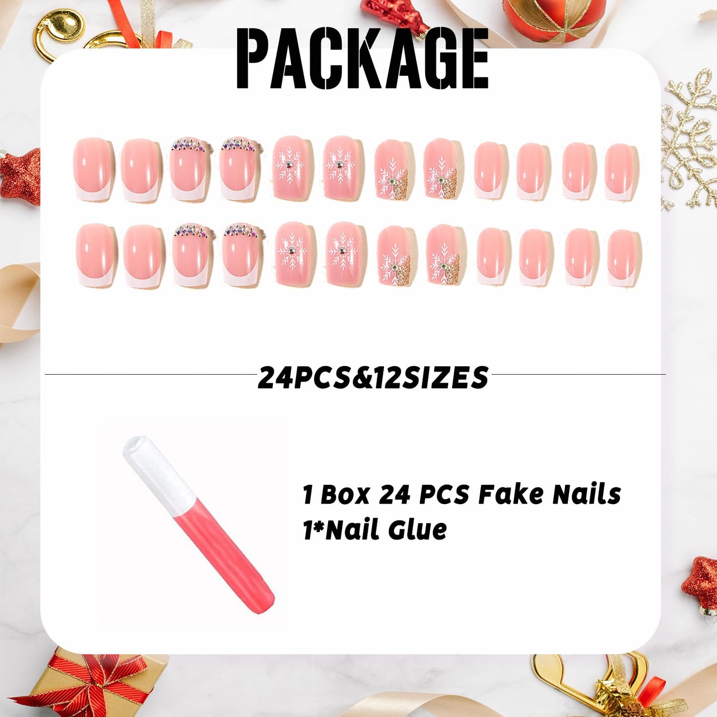 IMSOHOT Medium Square Press on Nails, White French with Snowflake Gold Glitter & Rhinestone Acrylic Nails, 24PCS