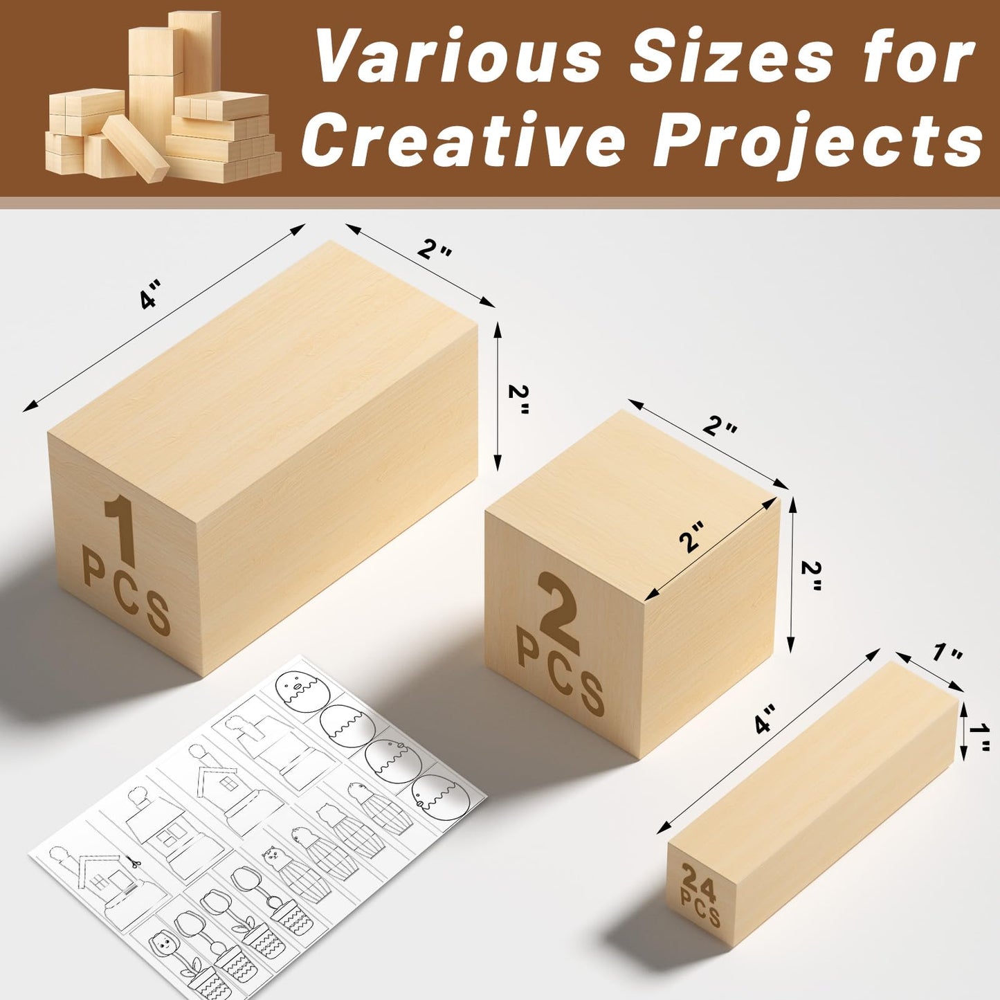 Yalumo 27 Pcs Basswood Carving Blocks, Whittling Wood Carving Kit with 3 Different Sizes and Pattern Sticker, Soft Unfinished Wooden Blocks for Crafts Beginners Adults