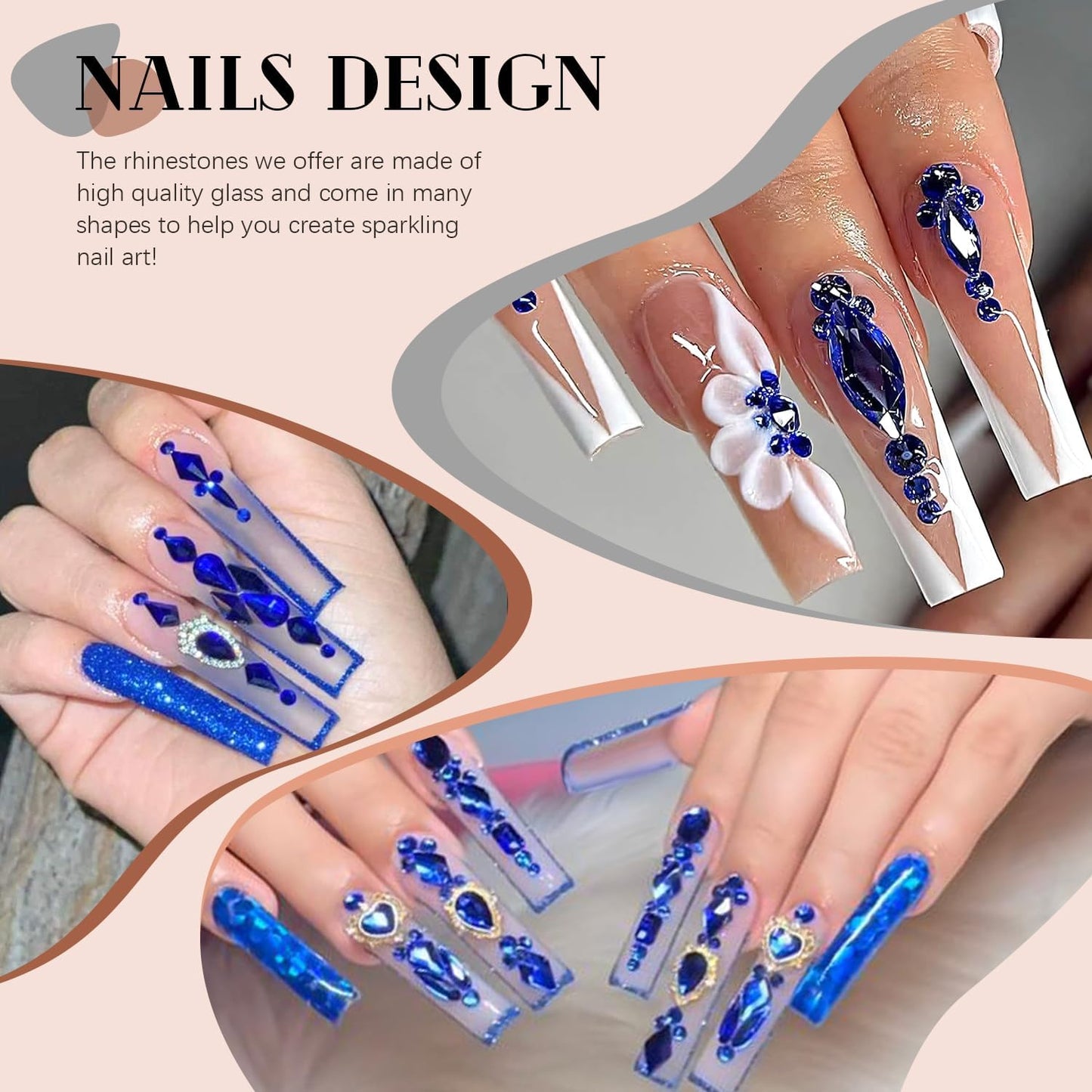 2750Pcs Royal Blue Glass Rhinestones 240Pcs Multi Shapes Flatback Gems + 2510Pcs 1.5-4mm Round Crystal, Manicure Charms Diamond Gemstones for Acrylic Nails Decoration