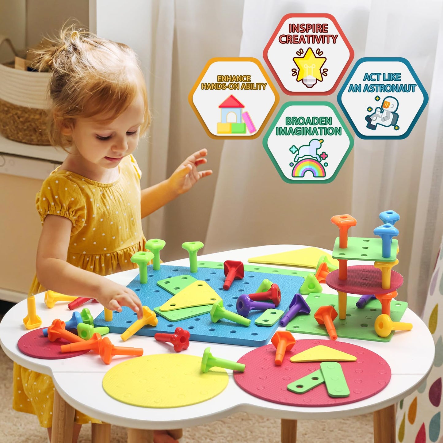 Peg Board Toy set 73Pcs DIY Building Stacking Toys for Kids 3-6 Years Old,STEM Educational Kids Toy for Brain Development,Montessori Sensory Toys,Upgrade Various Foam Board Plastic Lacing String Game
