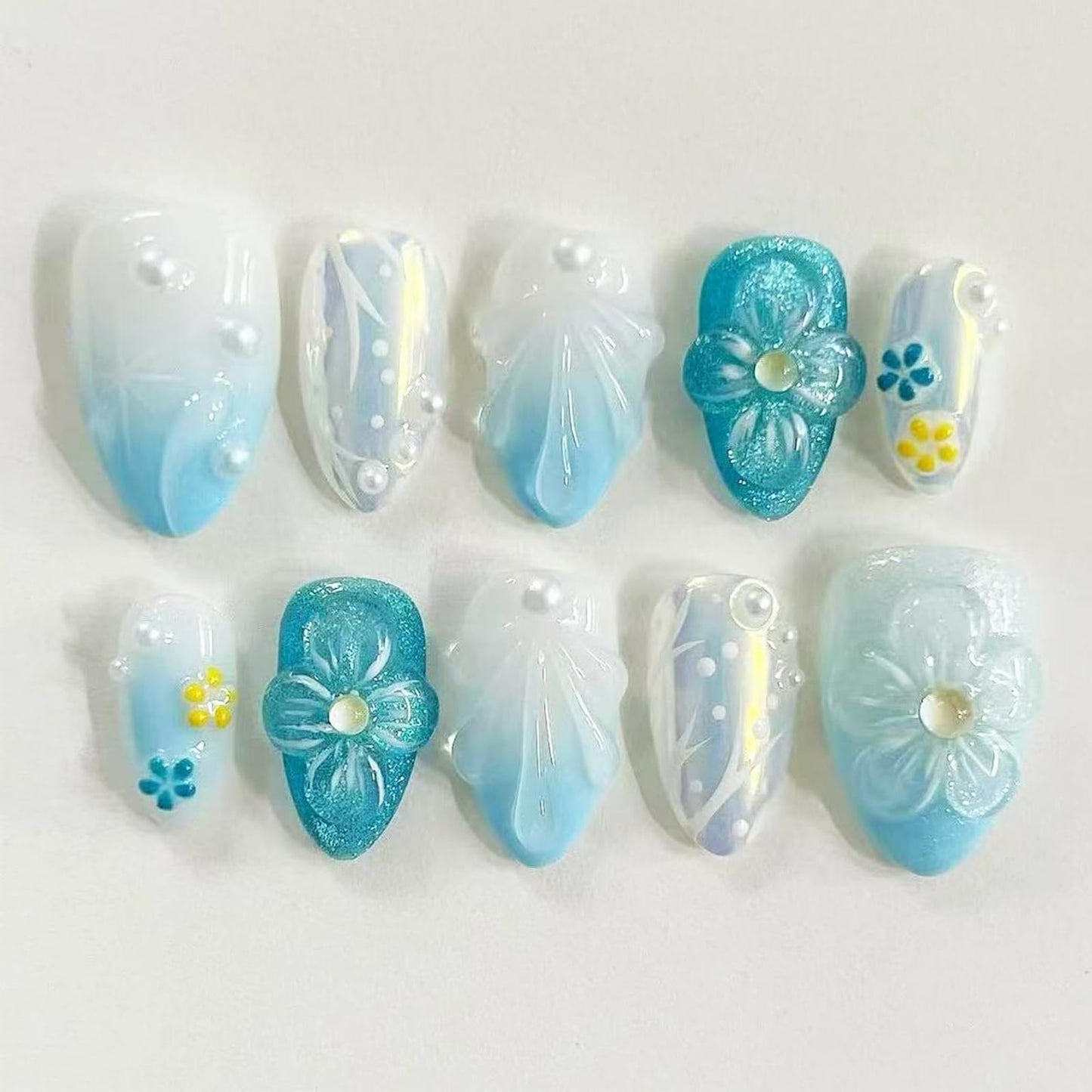 30Pcs Handmade Press on Nails Short Almond Shape Glue on Nails 3D Flower Pearl Fake Nails Blue White Gradient Glitter Acrylic False Nails for Women Summer Vacation Wedding Manicure Decorations