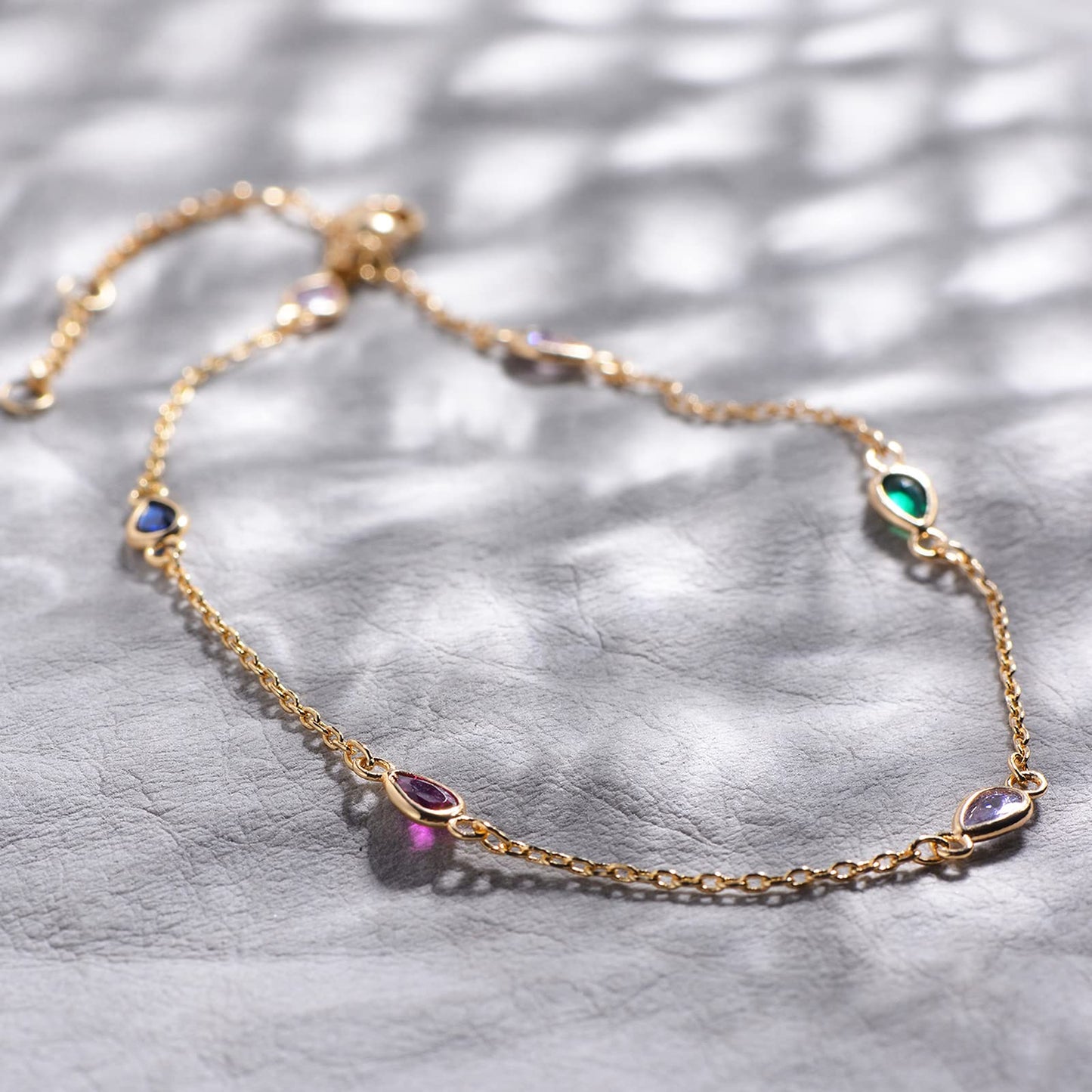 MTMY Gold Anklets for Women 14K Gold Plated Colorful Cubic Zirconia Tassel Foot Chain Dainty Adjustable Cute Summer Beach Boho Anklets Jewelry Gift(colorful drop A)