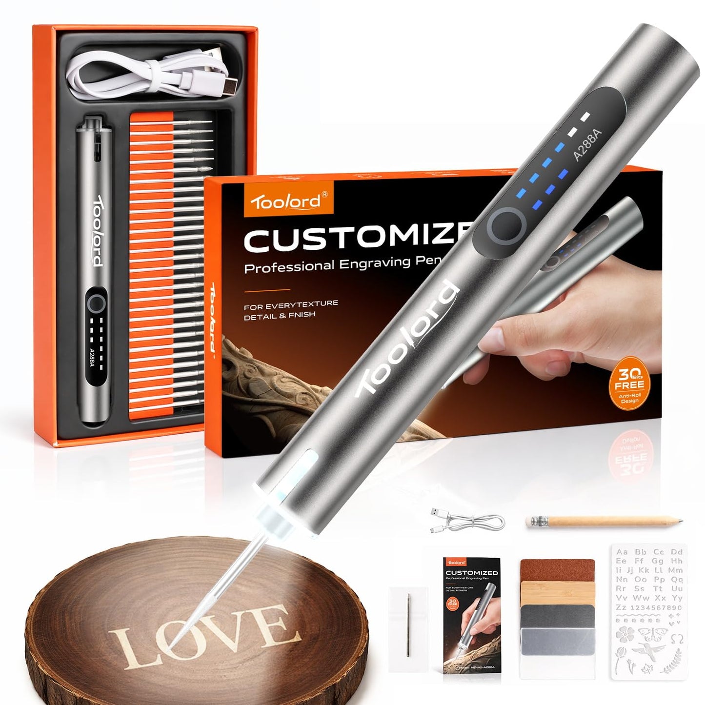 Engraving Pen with LED Light,HollowCup Motor,Cordless USB Rechargeable Rotary Tool for Metal,Wood,Glass and Plastic,DIY Engraving Kit with 30 Bits,Silver