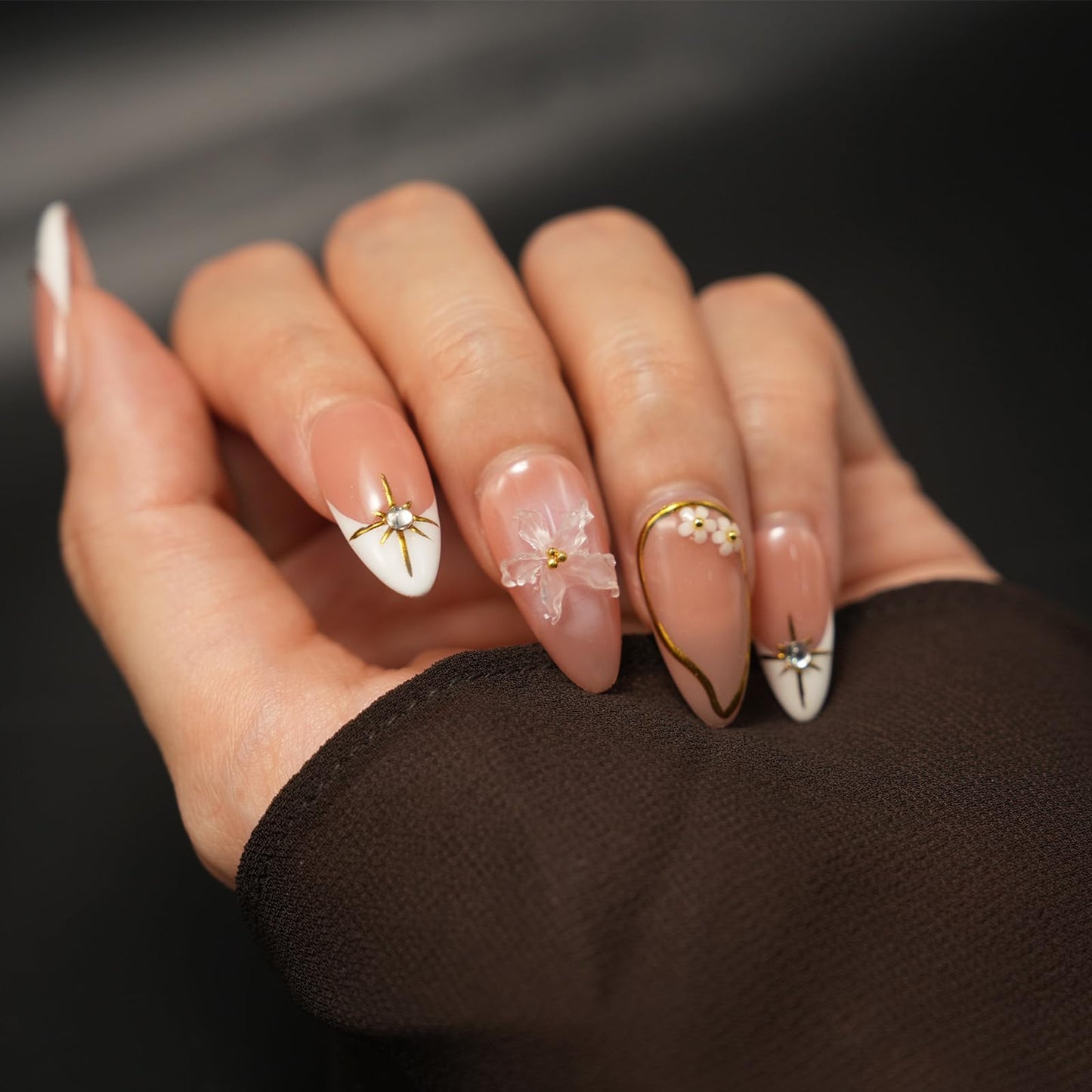 Short Brown French Tip Press On Nails ，3D Metallic Rhinestones style Design Handmade Press On Nails ，Reusable Glam Art Acrylic False Nails S SIZE