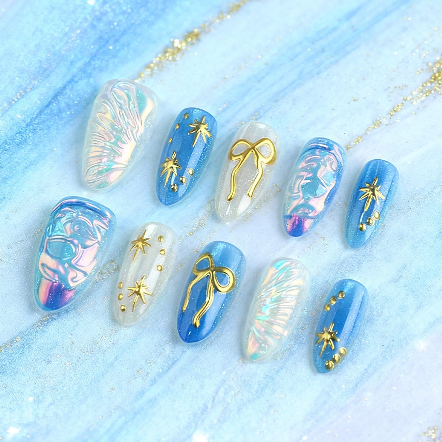 3D Bow Tie Press on Nails 30 Pcs Stars Acrylic Fake Nail Glossy Blue Glitter Stellar River Stick on Fingernails Valentines Almond Medium False Nails Curve Gel Glue on Nail for Women Valentine's Gift