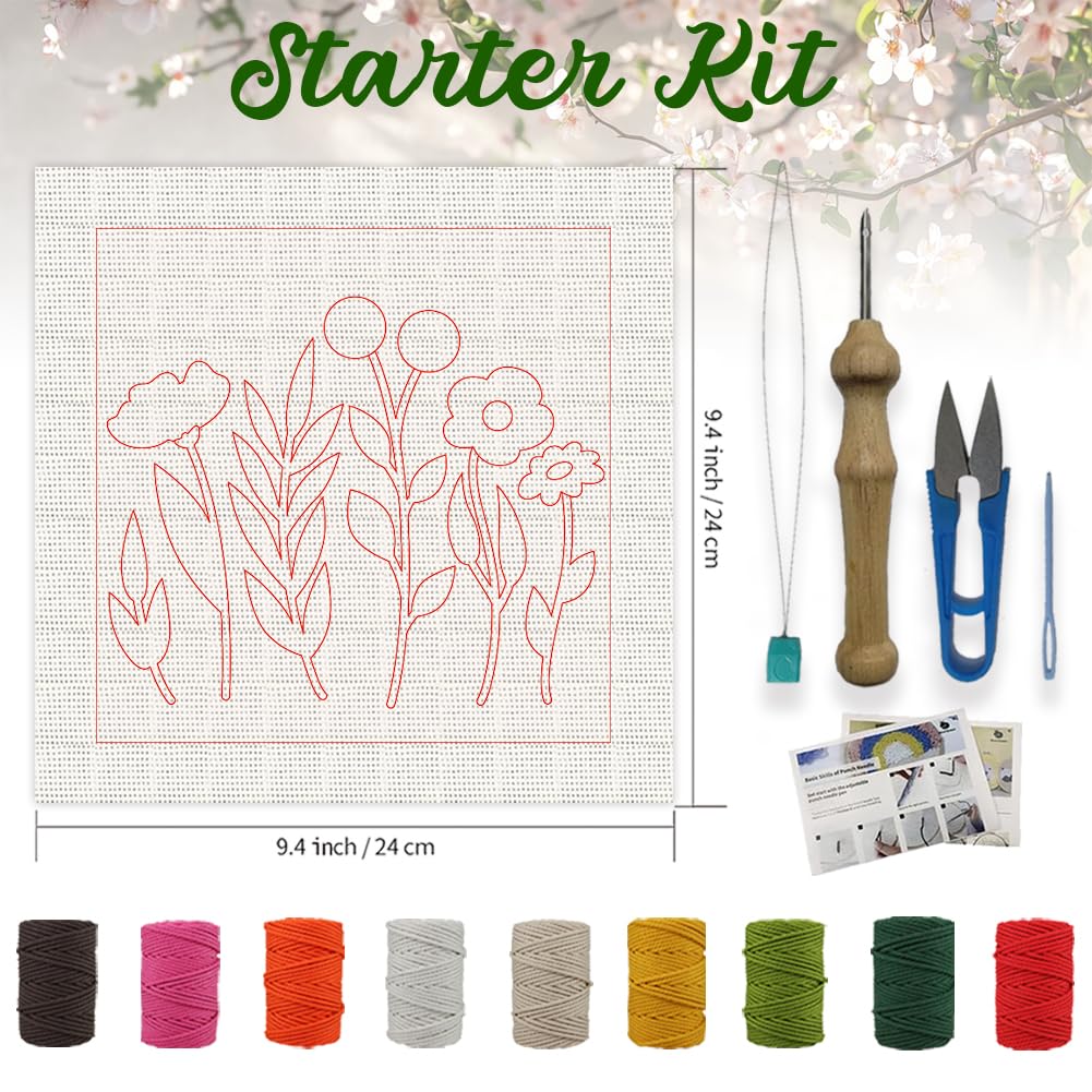 ORIGACH 2 Set Embroidery Punch Needle Kit with Frame, Wildflower Needle Punching Kit with Patterns, Threads, Tools & Instructions for Beginners & Adults, DIY Wall Hanging Decor