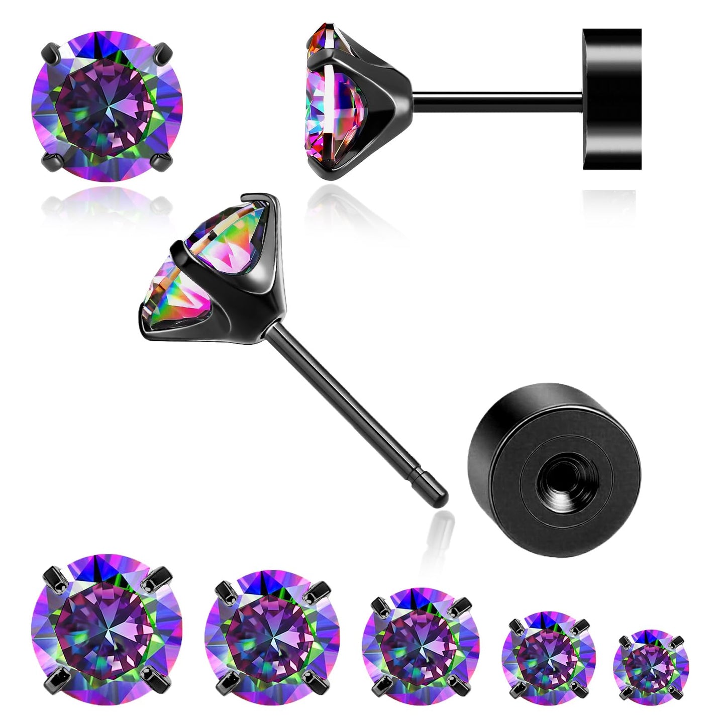 MHWTTY Hypoallergenic Threadless Flat Back Earrings,1 Pairs Cartilage Stud for Women Men Titanium Post 20G None Screw Easy Push in Gold Black Stainless Steel Flatback with CZ 3-7mm (Black, 3mm)