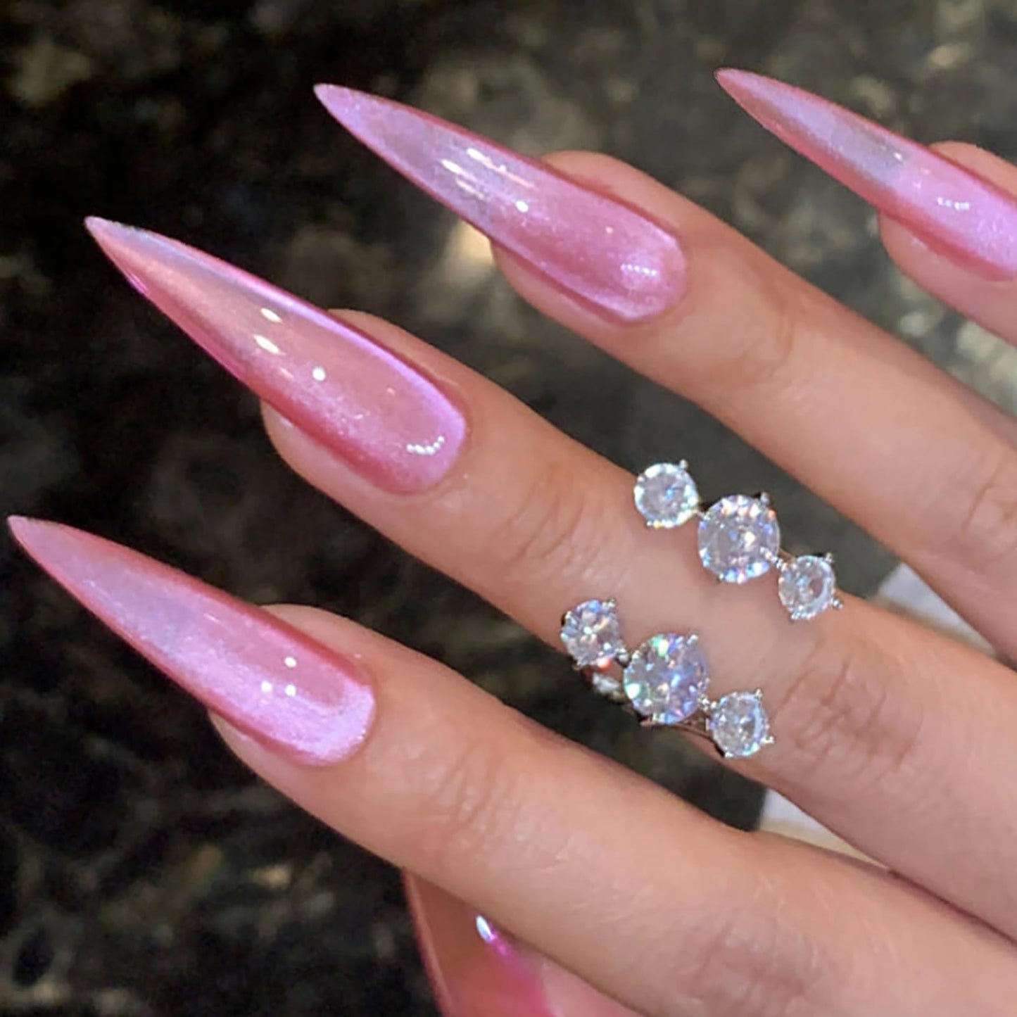 MISUD Press on Nails - Long Stiletto Fake Nails with Bling Glitter, Acrylic Summer Pink Cat Eye Design 24 pcs