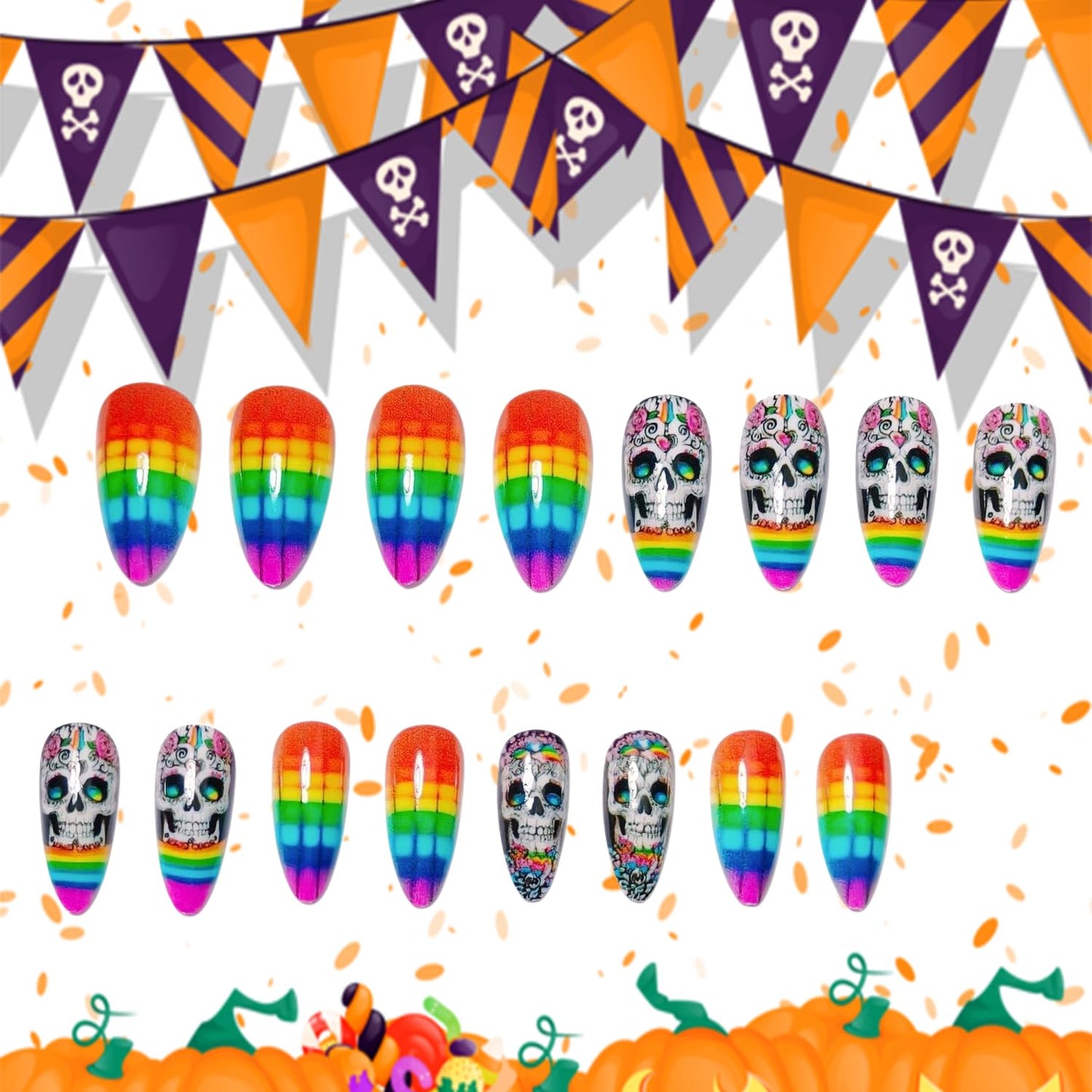 24Pcs Halloween Skull Press on Nails Long Colorful Grid Flower Skull Pattern Design Halloween Nail Full Cover Glossy Artificial Acrylic False Nail French Almond Tip Medium Glue on Nails for Women