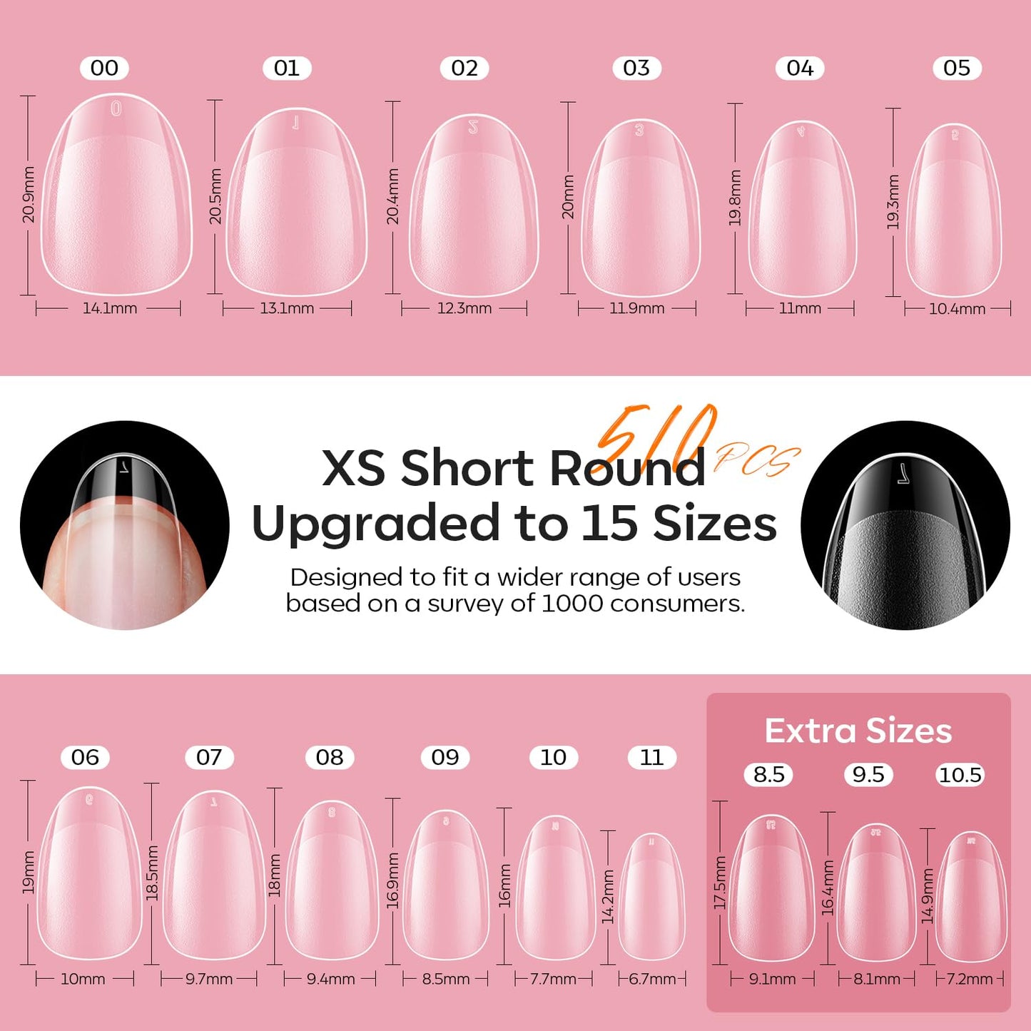 modelones X Nail Gel Kit Extra Short Oval Round, 510Pcs Fake Nails 15Sizes, 9-in-One Glue Prep Dehydrator & Mini U V Light Clipper, Pre-shaped Half Matte Press on Oval Tips for Extension DIY Salon