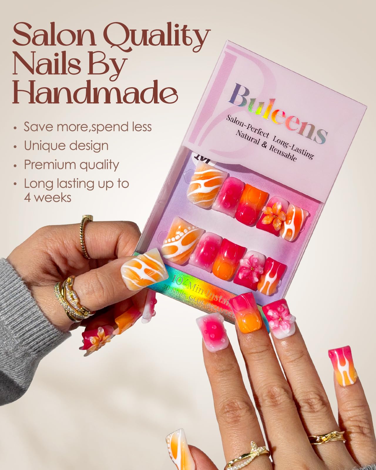 Buleens Handmade Press on Nails Acrylic Duck Nails-10pcs Short Fresh Summer Floral Liquid Marble 3D Fake Nails Kits with Glue