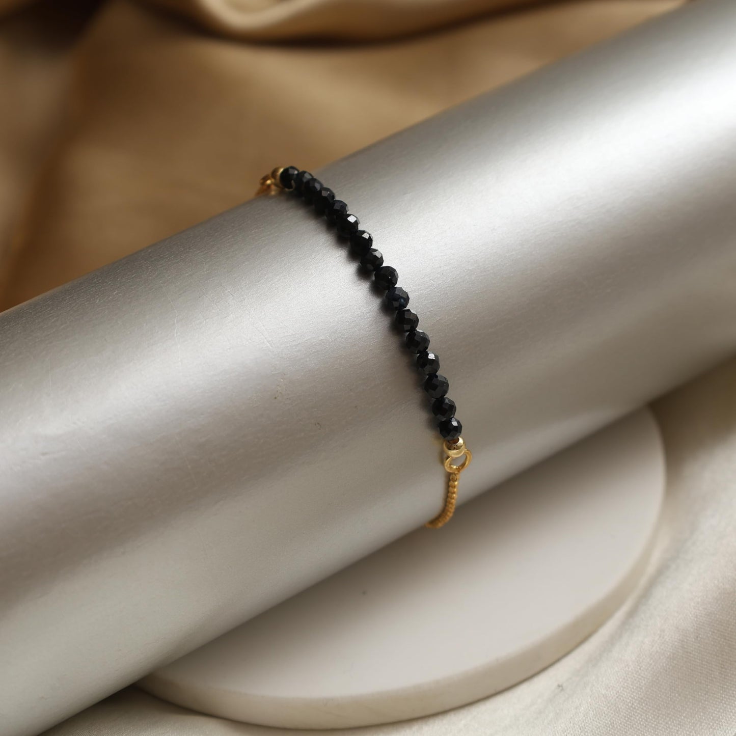 Gempires Midnight Blue Sapphire Beaded Bracelet, Birthstone Bracelet, September Birthstone, Bolo Beads Bracelet, Gift for Her, 14k Gold Plated Chain (6-9inch Adjustable Length)