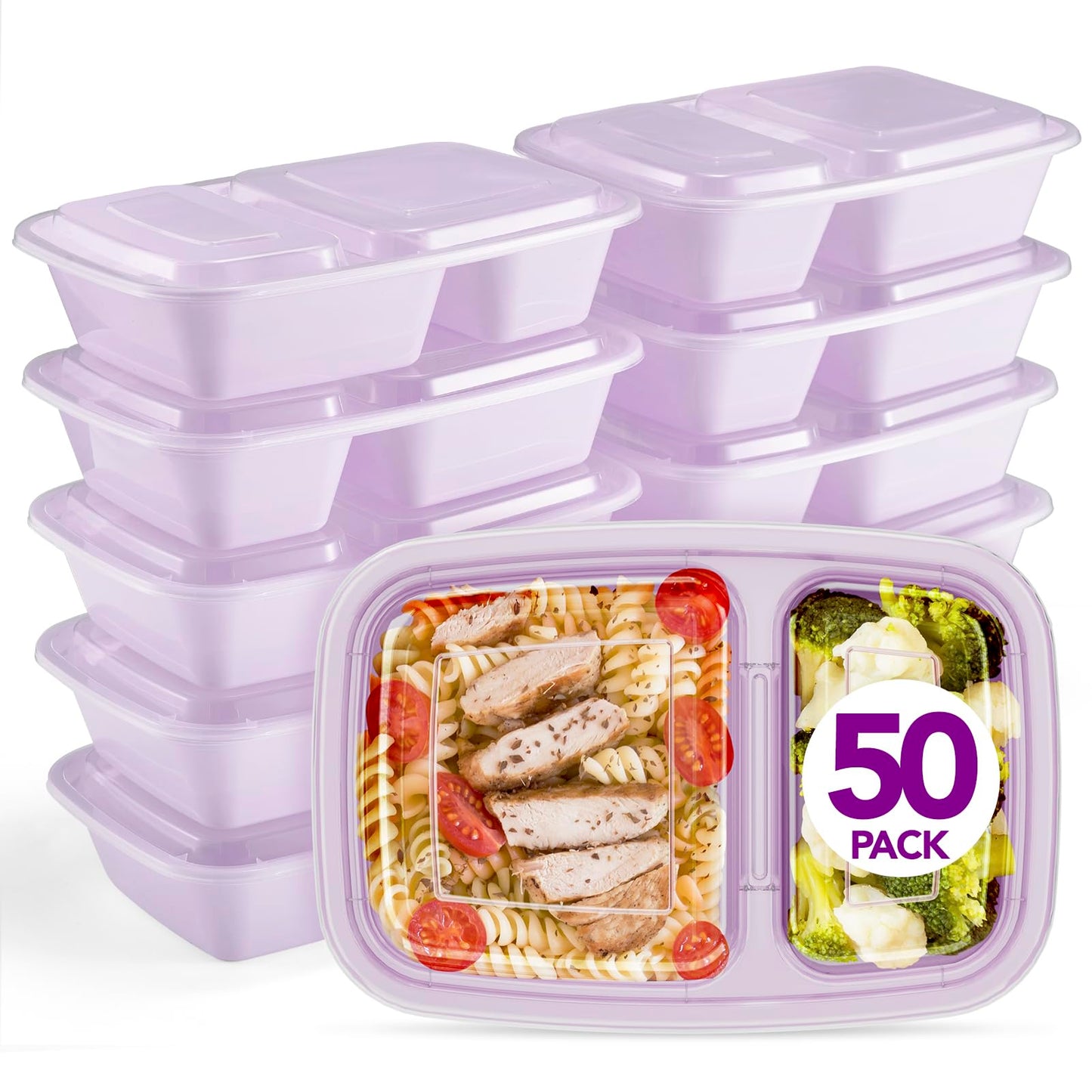 Glotoch 50 Pack Purple Meal Prep Containers Reusable 2 Compartments, Glotoch 32OZ to Go Containers for Food, Disposable Plastic Food Containers with Lids for Microwave Dishwasher Freezer Safe