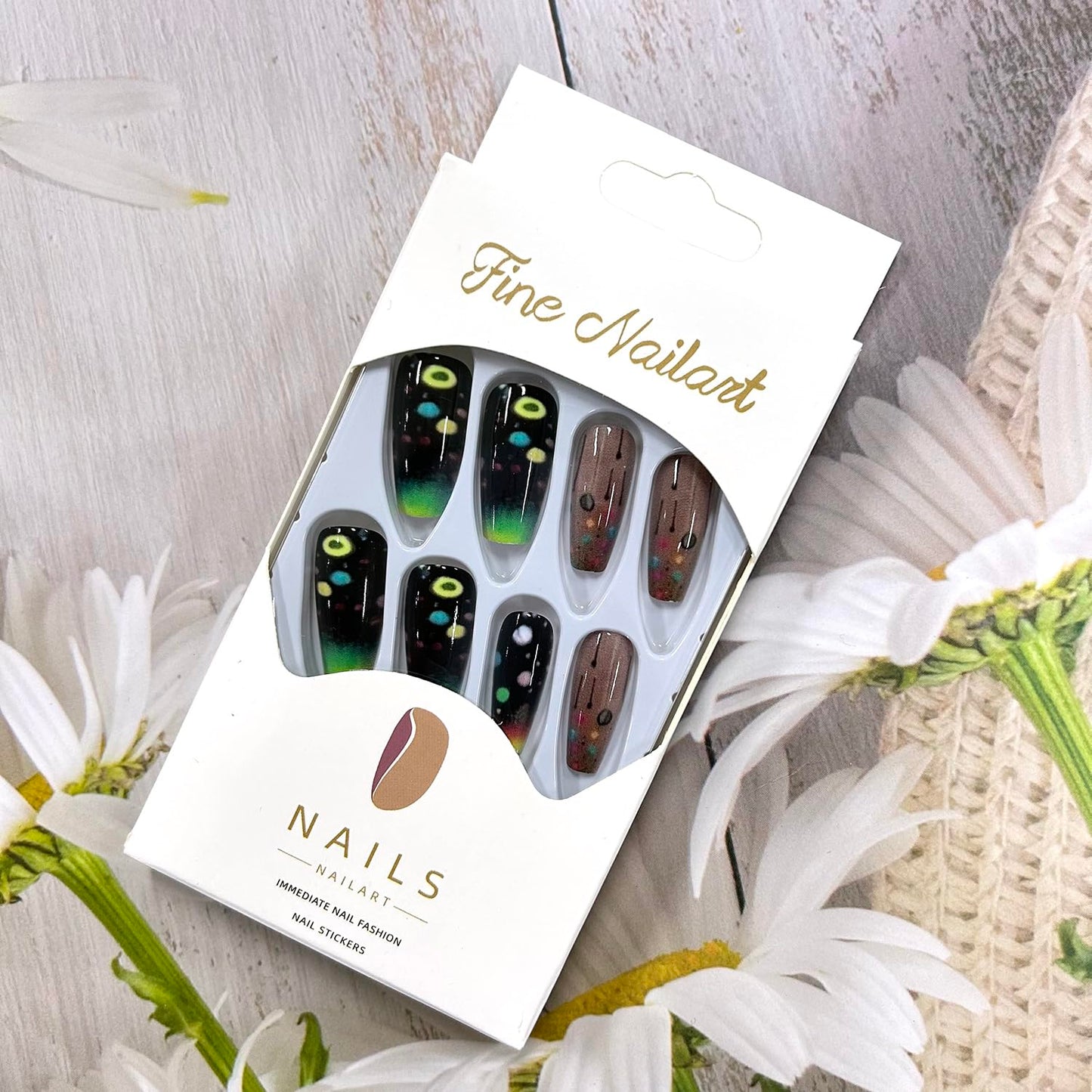Press on Nails Medium Ballet Shaped Black False Nails Rainbow Gradient Press Nails Colorful Circle Pattern Design Artificial Nails Full Cover Stick on Nails Acrylic Glue on Nails for Women 24Pcs