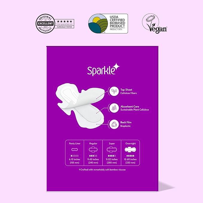 Sparkle Bamboo Maxi Pads | Plant-Based Feminine Hygiene Pads for Women | Super Soft & Leak-Proof with Wings | USDA Certified Biobased, Chlorine-Free, Hypoallergenic Protection | Overnight, 40 Count