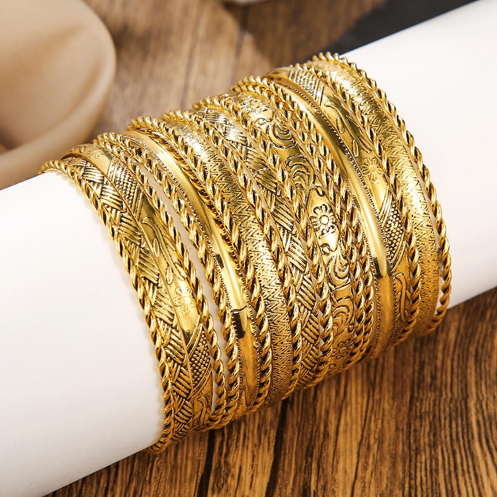 RINTOLER 19Pcs Gold Bangle Bracelets Set for Women - Multi Layered Stackable Textured Bracelets Womens Bangle Bracelets Boho Jewelrys for Women. (RTL-BG-SETa002)