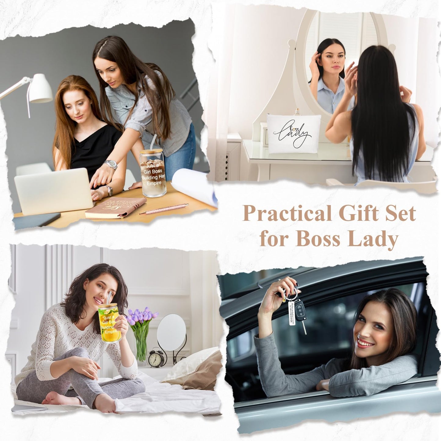 SiliFine Khaki 7 Pcs Boss Gift Sets for Women Her Lady, Best Boss Appreciation Gift 16 oz Glass Cup Lady Makeup Bag Keychain A6 Notepad Ballpoints Pen for Female Leader Manager