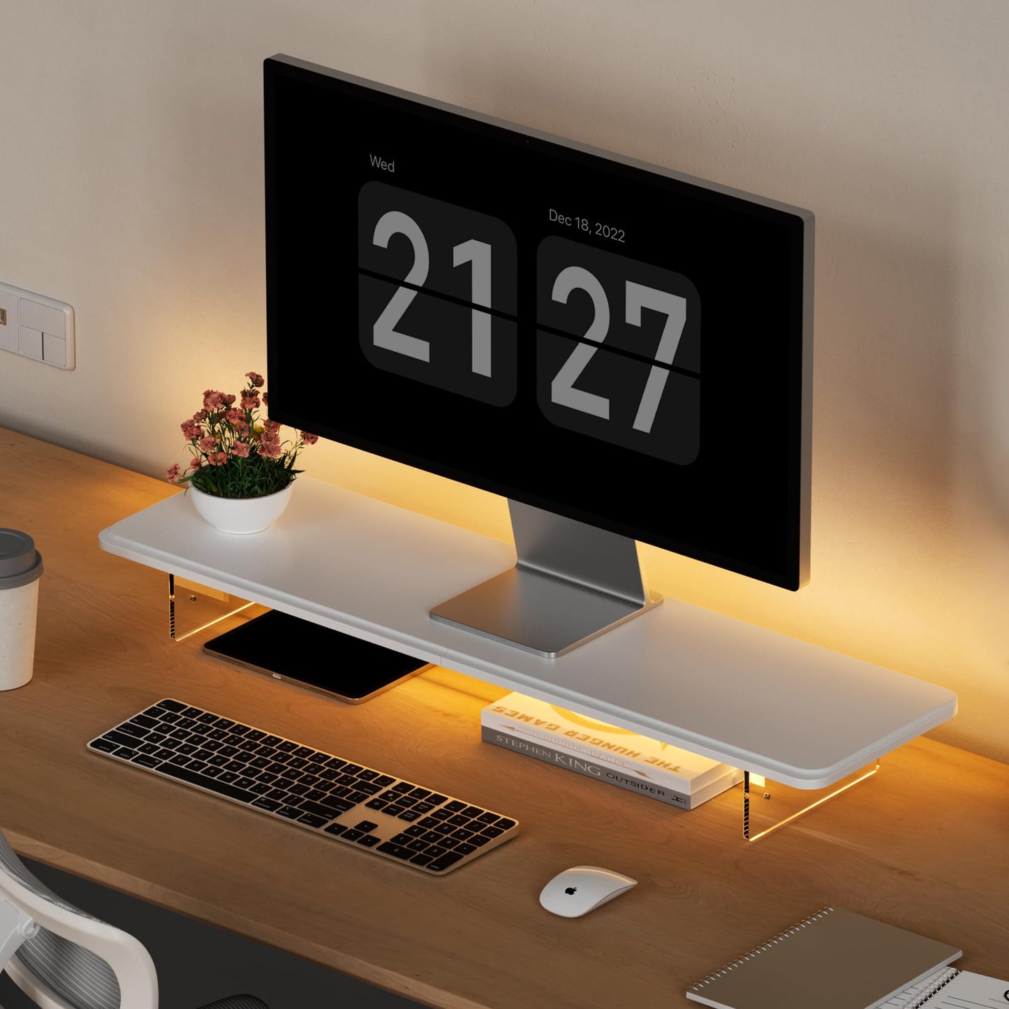 AFOOYO Monitor Stand Riser,31.5-Inch LED Light Wood Computer Monitor Stand with Adjustable Acrylic Legs,Desk Accessories Desktop Organizer Stand for, Computer,Laptop,Printer,PC TV Screen Riser,White