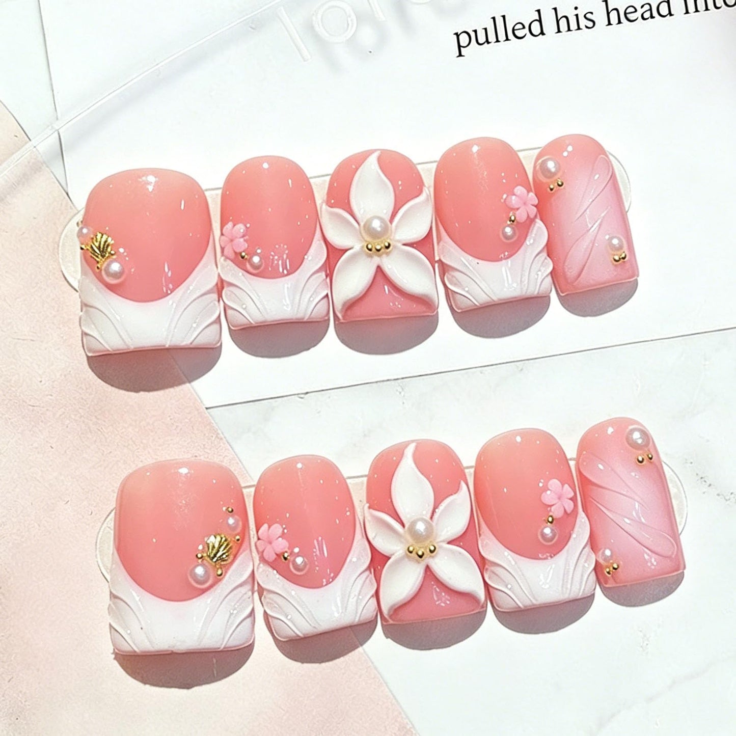 10 Pcs Handmade Press on Nails Short Square Fake Nails with 3D Flower Peal Design White French Tip False Nails Short Press Ons Nails Square Pink Acrylic for Women M Size