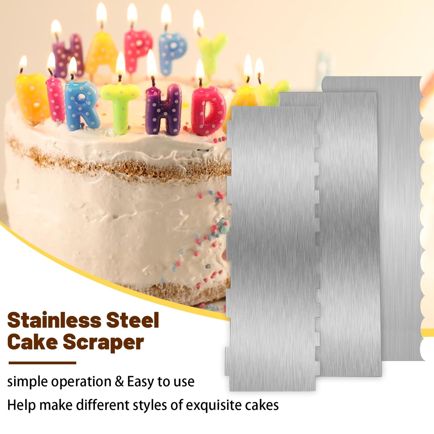 3 Pieces 8.7 Inche Stainless Steel Cake Scraper，Double Sided Patterned Edge Stripe Edge Smoother Scraper Cake Decorating，Cake Decorating Comb Cake Scraper (3, 3)
