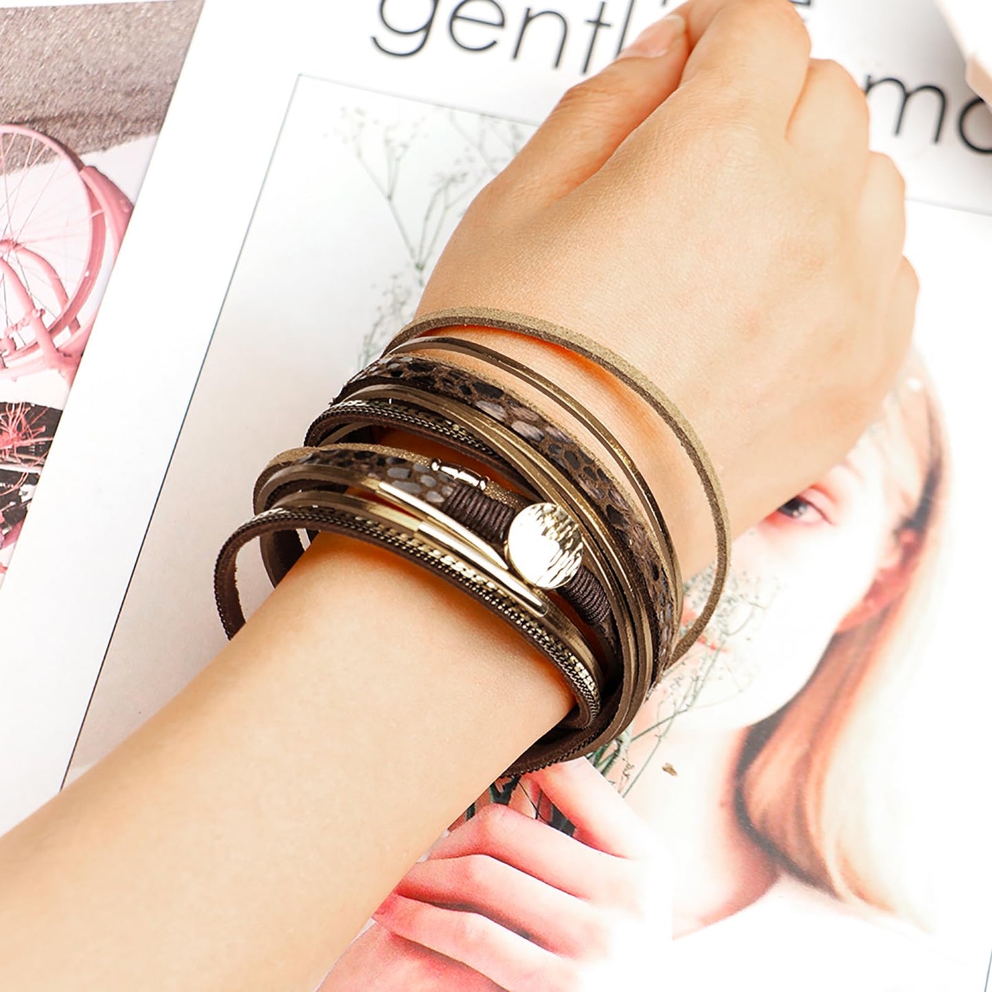 Leopard Bracelet for Women, Boho Leather Wrap Multi-Layer Pearl Crystal Bracelet Bangle Jewelry(Disc(Brown))
