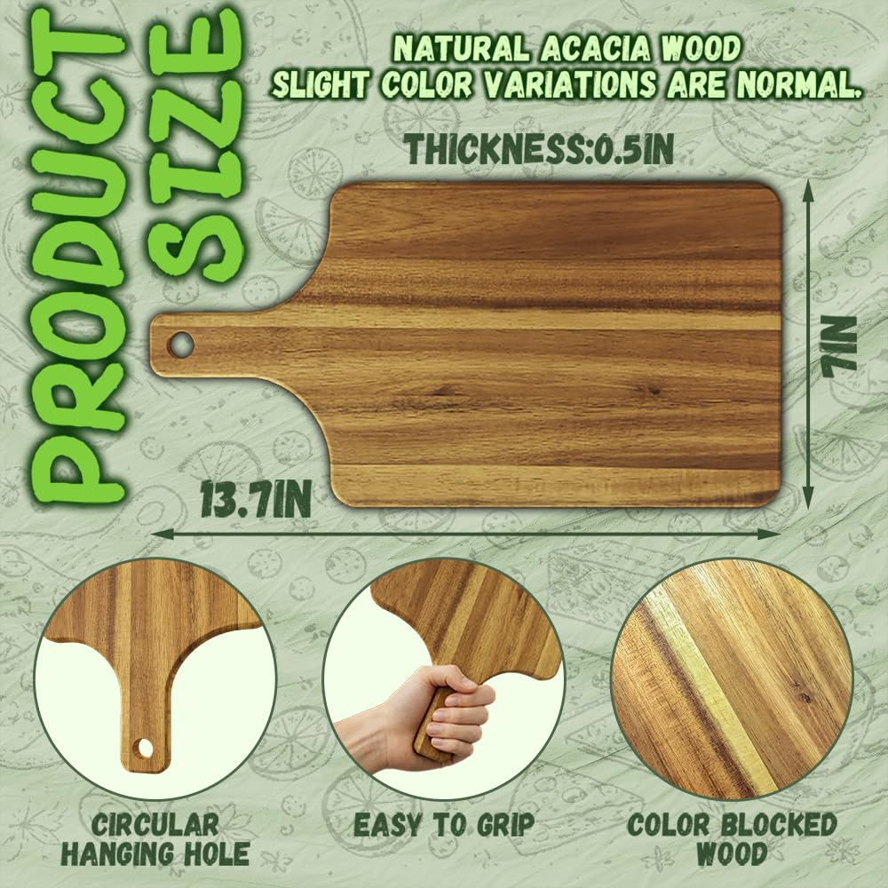 Premium Acacia Wood Cutting Board with Handle, 13.8"X7.1" Cutting Boards for Kitchen, Small Cutting Board for Cheese & Meat, Charcuterie Boards, Wooden Trays, Kitchen Gifts (5Pcs)