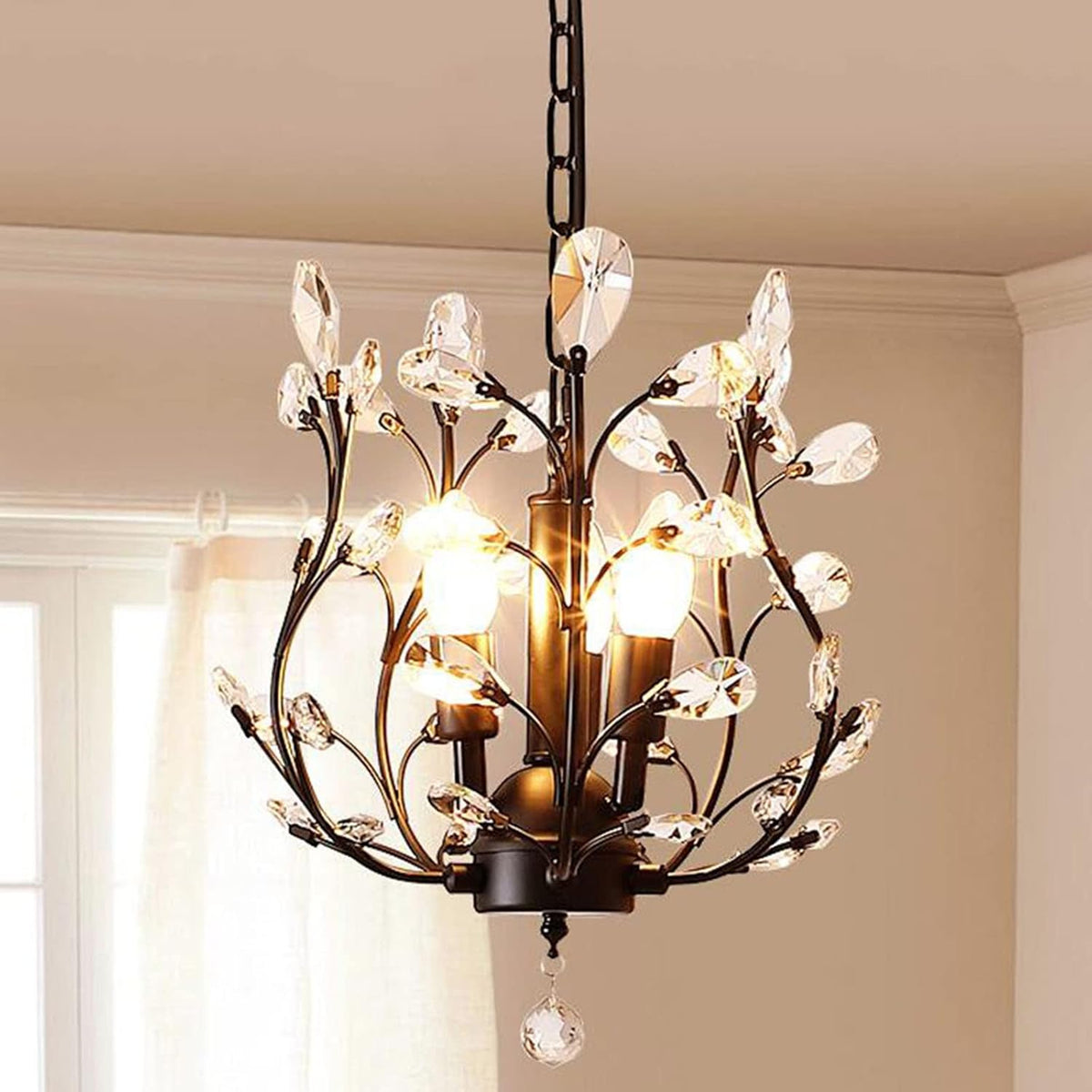Ganeed Vintage K9 Clear Crystal Chandeliers,Ceiling Lighting,Pendant Lighting Flush Mounted Fixture with 3 Light for Living Room Dinning Room Restaurant Porch Hallway (Black)