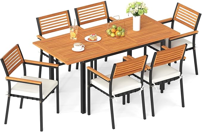 Tangkula 7 Piece Patio Dining Set, Outdoor Acacia Wood Cushioned Chairs and 51”-64” Expandable Rectangular Table Set, with Umbrella Hole, 6 Stackable Armchairs, for Poolside Garden (Off White)