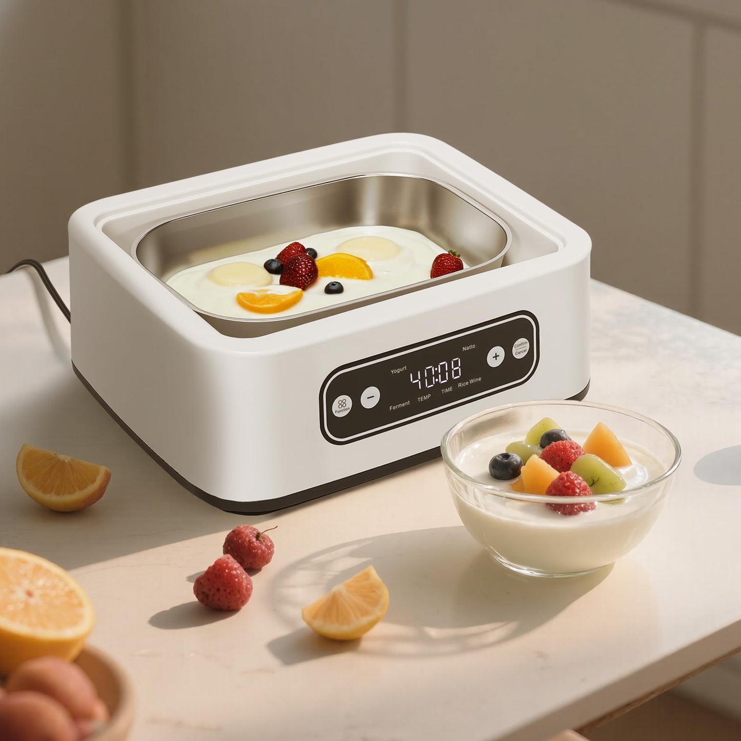 1.7-Quart Yogurt Maker with Adjust Temp(21°C-48°C/70°F-118°F) & Time(1-99h),110V-240V Auto-adaptive,Steel Inner Pot,BPA-free,Celsius Increment,Real-Time Countdown LED Display (Without GLass Jars)