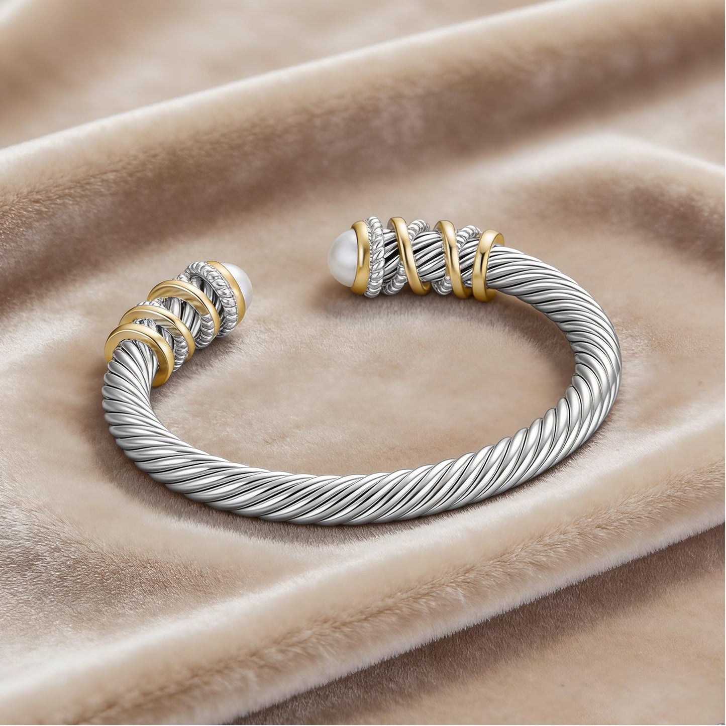 Twisted Cable Open Cuff Bangle Bracelets for Women, Gold Plated Jewelry with Composite Shell Pearl, Adjustable Stainless Steel Bangle for Timeless Elegance