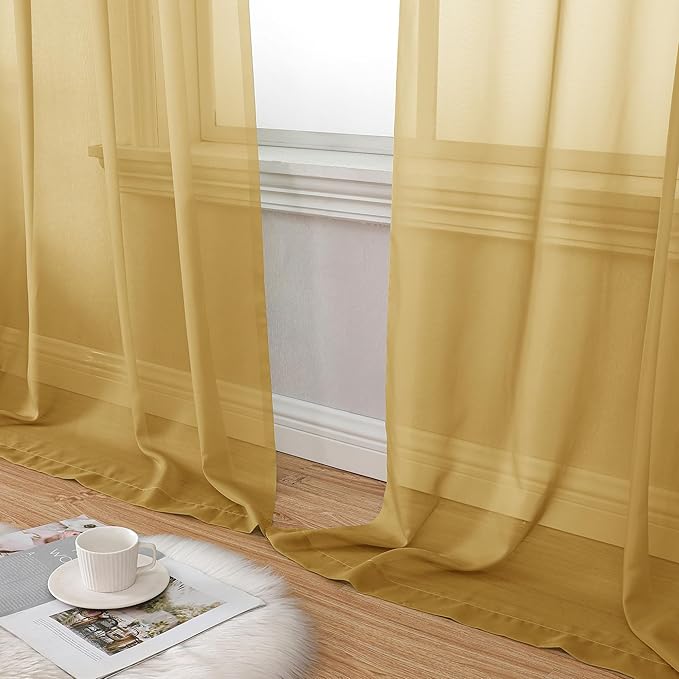Aiyufeng Gold Sheer Curtain 96 Inches Long 2 Panels Set, Light Filtering Gold Window Curtain Drapes Treatment for Kitchen, Bedroom,Children Room, Dual Rod Pocket, 2 Pack of 42 x 96"