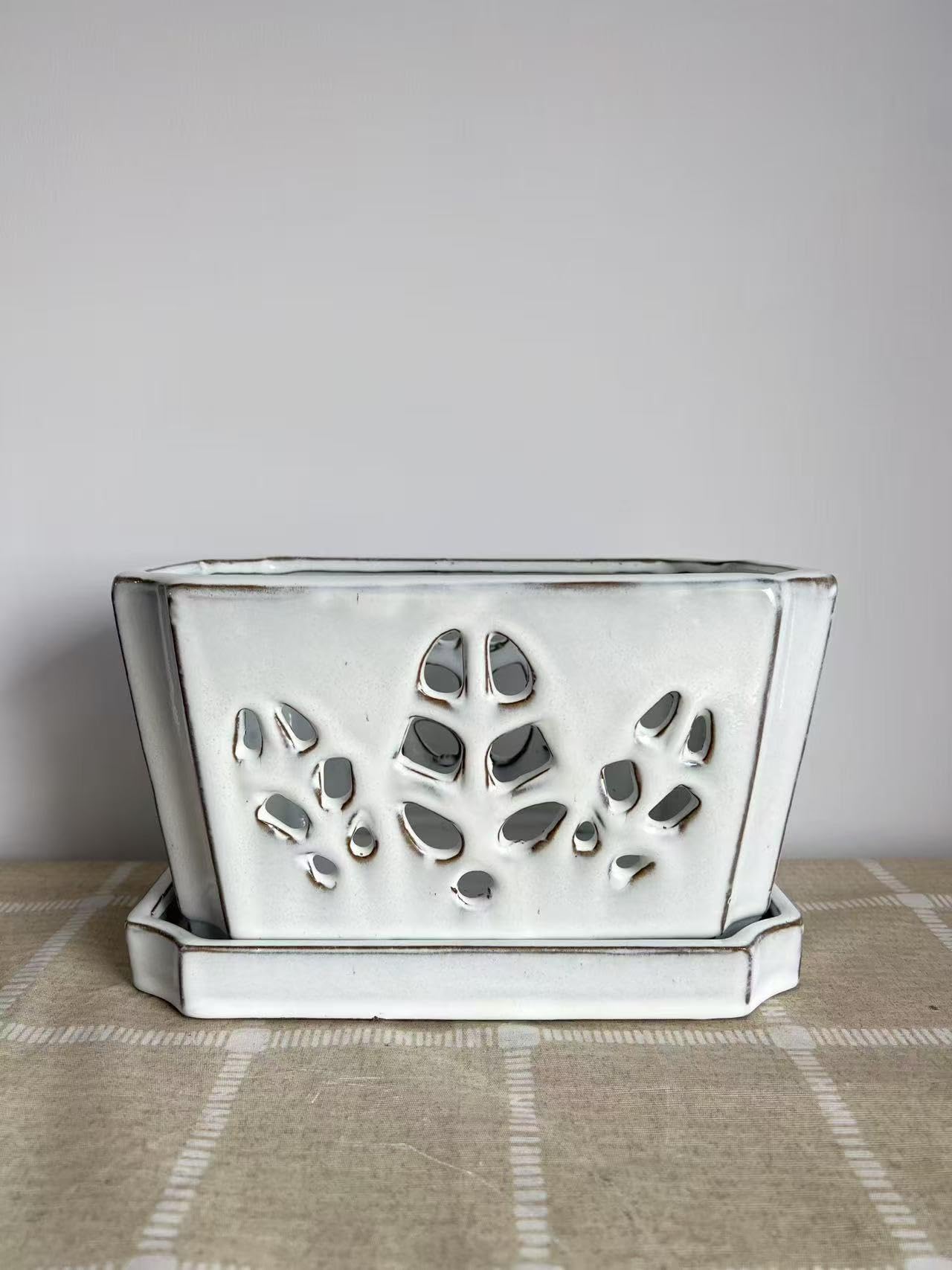 Fowargif 10inch Rectangle Ceramic Orchid pots with Holes with Saucer (White)