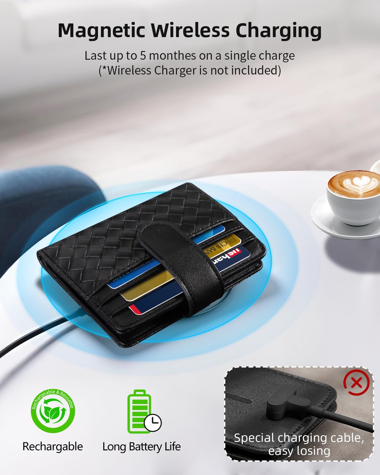 Smart Women Wallet with Find My, Wallet Tracker, RFID Blocking Bifold Credit Card Holder, Left-Behind Alerts, Play Sound, Anti-Loss, Wireless Rechargeable, Works with iPhone, iPad, Mac, Black