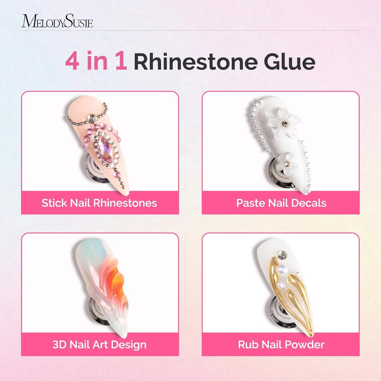MelodySusie Nail Rhinestone Glue, 3D Gel Nail Art Design Strong Adhesive Nail Gem Glue for Nail Charms Gems Jewelry Decoration DIY Manicured at Home Cured Need Beauty Gifts for Women 30ml