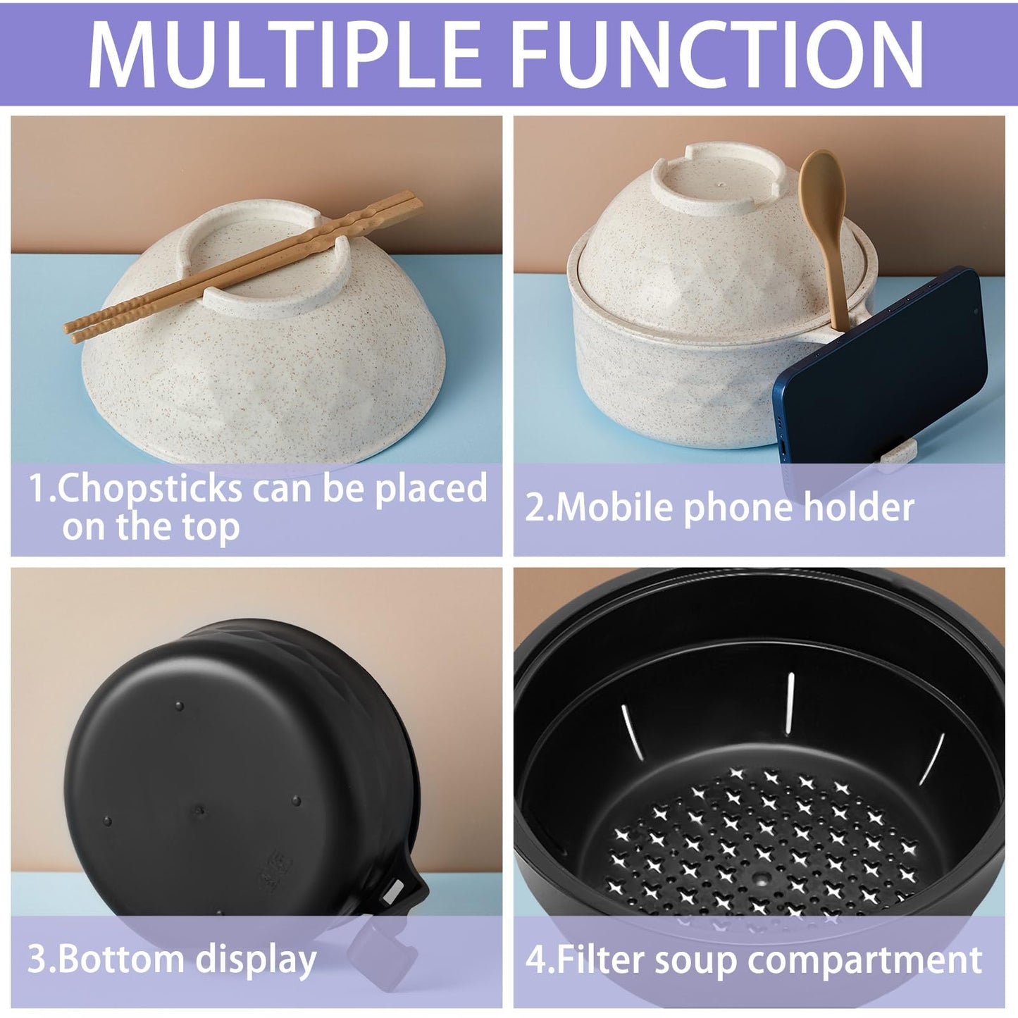 Romooa 2 Sets Microwave Ramen Cooker Bowl Set with Spoon Chopsticks Fork Wheat Fiber Instant Noodle Bowl with Handles Ramen Kit for College Dorm Room Apartment Essentials