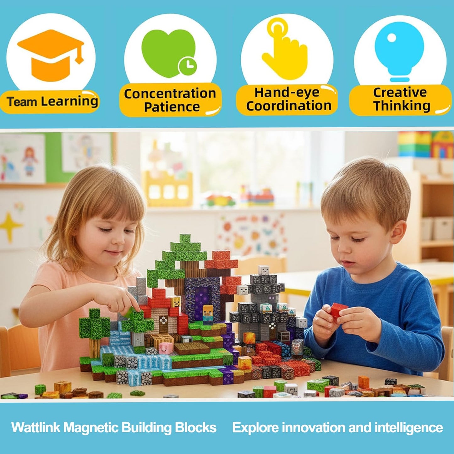 Wattlink Magnetic Building Blocks Set, 200 Pieces Pixel Style Construction Toys with Character Blocks, 0.8 Inch Cubes for Ages 3+, Non-Toxic Educational STEM Toys