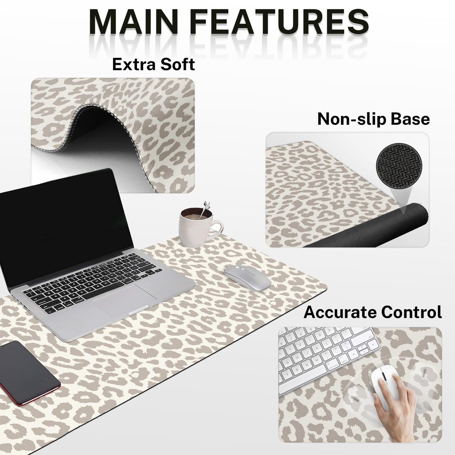 Arttown Leopard Light Khaki Desk Mat Animal Skin Mouse Pad Set 4 in 1 Ergonomic Design Large Desk Pad + Keyboard Wrist Rest + Mouse Wrist Rest + Coaster Suitable for Home Office Study Game