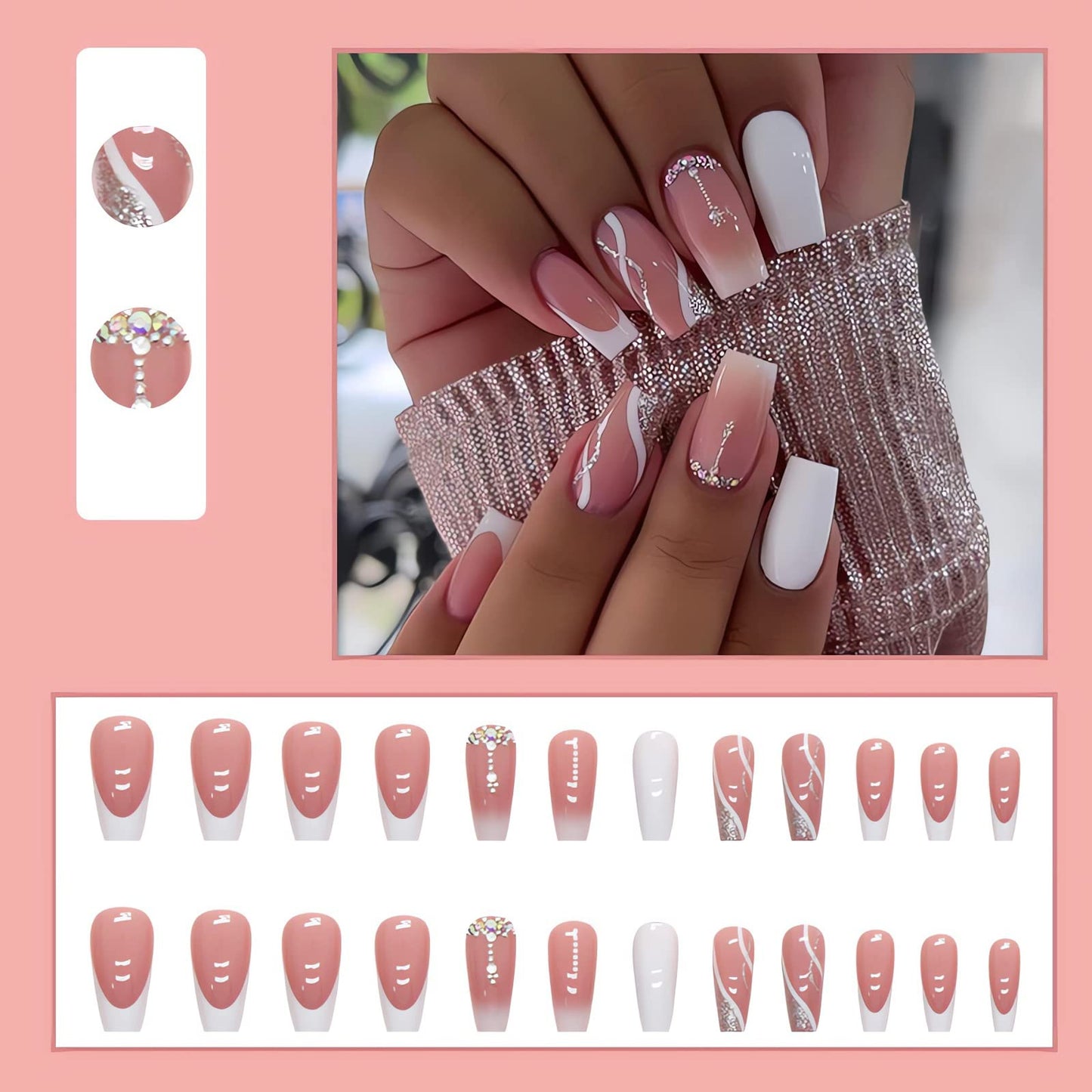 IMSOHOT Coffin Press on Nails Long Gradient Fake Nails Pink Rhinestone False Nails with Designs White Ballerina French Glossy Full Cover Acrylic Nails 24Pcs