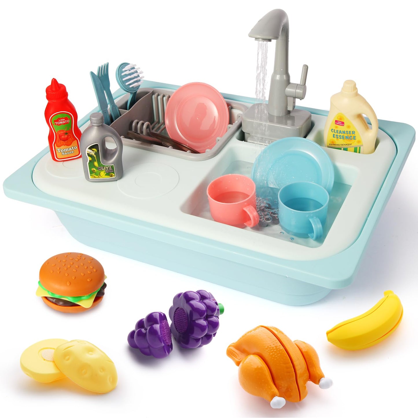 Asweets Color Changing Kitchen Sink Toys, Toddler Sink Toys with Running Water, Pretend Play Toys with Upgraded Faucet, Automatic Water Cycle System (Blue)