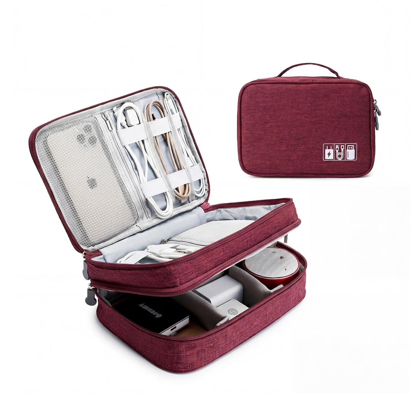 mygreen Travel Cable Organizer Bag, Two-Layer Electronics Accessories Organizer Bag for Cables, Chargers, Power Bank, Mouse,iPad, Phone, Kindle, SD Card, Wires, Cords, and Accessories Red