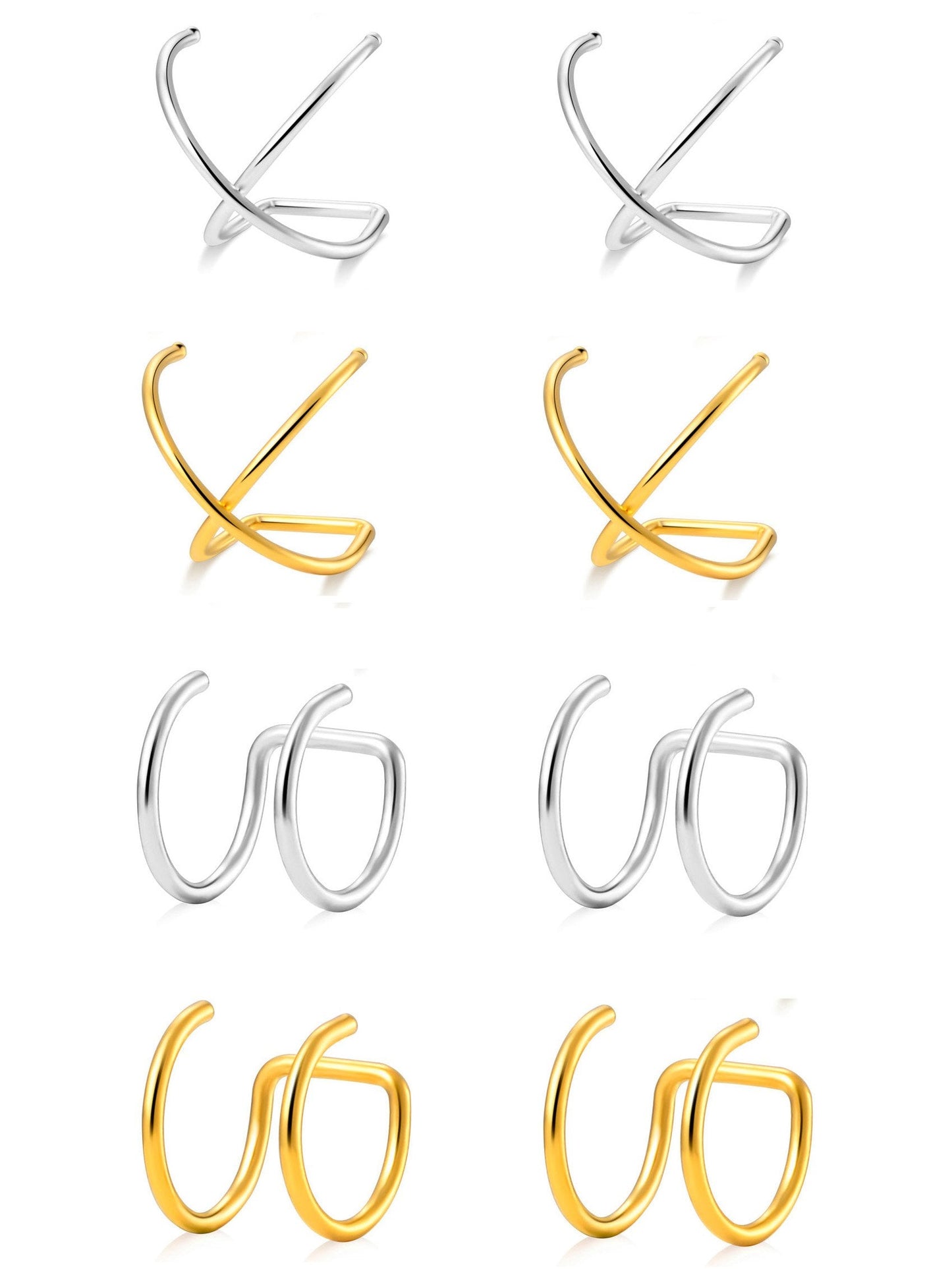 Tornito 4-10 Pairs Stainless Steel Ear Cuff Helix Cartilage Clip On Wrap Earrings Fake Nose Ring Non-Piercing Adjustable (B2:4 Pairs, Silver&Gold Tone)